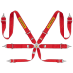 Red racing harness with yellow 'Sabelt' branding, used for motorsport safety and securing drivers in race cars.
