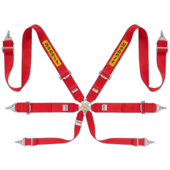 Red racing harness with yellow 'Sabelt' branding, used for motorsport safety and securing drivers in race cars.