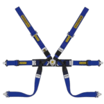 Grand Prix Racewear racing harness in blue with yellow branding, designed for motorsport safety and security.