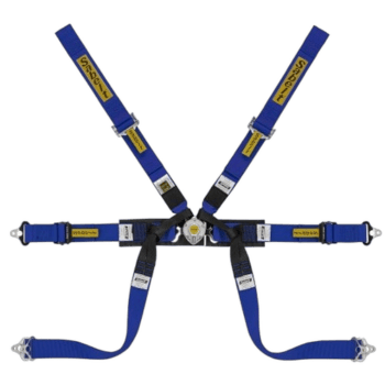 Grand Prix Racewear racing harness in blue with yellow branding, designed for motorsport safety and security.
