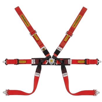Red Grand Prix Racewear harness with yellow 'Sabelt' branding for motorsport safety.