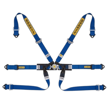 Grand Prix Racewear harness in blue with yellow branding, designed for motorsport safety and performance.