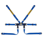Grand Prix Racewear safety harness in blue with yellow 'Saveit' branding, designed for motorsport safety and security.