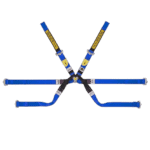 Grand Prix Racewear racing harness in blue with yellow accents, designed for motorsport safety and performance.