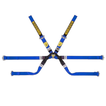 Grand Prix Racewear racing harness in blue with yellow accents, designed for motorsport safety and performance.