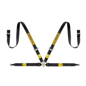 Grand Prix Racewear safety harness with black straps and yellow accents, designed for motorsport safety and security.