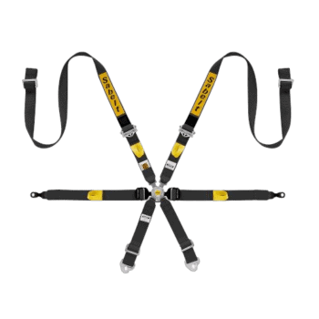 Grand Prix Racewear racing harness with black straps, yellow accents, and metal buckles for motorsport safety.
