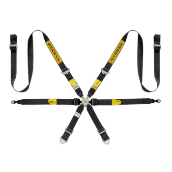 Grand Prix Racewear safety harness with black straps and yellow branding for motorsport safety and security.