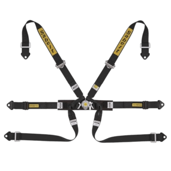 Grand Prix Racewear harness with black and yellow straps, quick-release buckle, and adjustable fittings for motorsport safety.