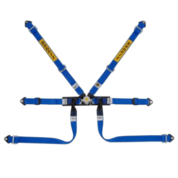Grand Prix Racewear safety harness in blue with yellow 'Saveit' branding, designed for motorsport safety and driver protection.