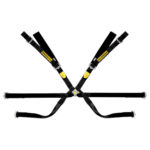 Sabelt lightweight racing harness with gold accents and adjustable straps for FIA compliance.