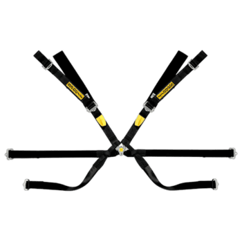 Sabelt lightweight racing harness with gold accents and adjustable straps for FIA compliance.