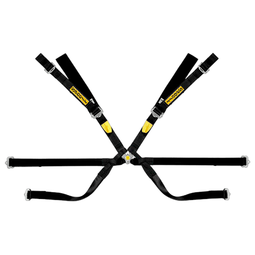 Sabelt lightweight racing harness with gold accents and adjustable straps for FIA compliance.