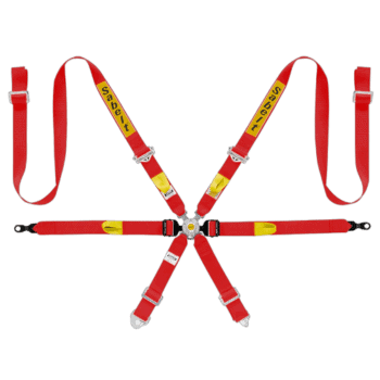 Sabelt silver enduro racing harness with red straps and yellow branding for motorsport safety.