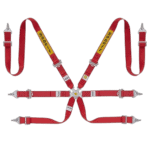 Grand Prix Racewear safety harness in red with yellow 'Sabelt' branding, designed for motorsport safety and driver security.