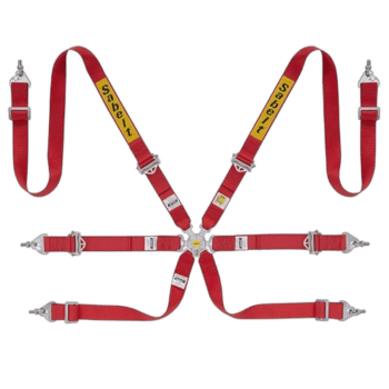 Grand Prix Racewear safety harness in red with yellow 'Sabelt' branding, designed for motorsport safety and driver security.