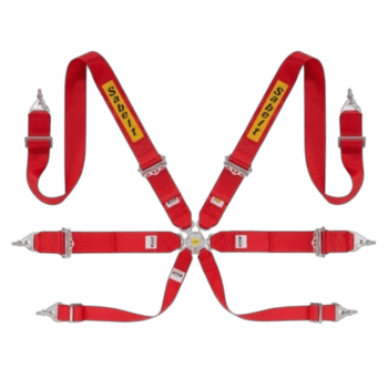 Red Sabelt racing harness with yellow logo, adjustable straps, and metal buckles for motorsport safety.