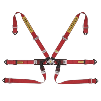 Grand Prix Racewear racing harness in red with yellow and black branding, designed for motorsport safety and security.