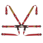 Sabelt racing harness for Grand Prix racewear, red with yellow branding, adjustable straps, and secure buckle for motorsport safety.