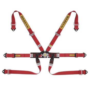 Sabelt racing harness for Grand Prix racewear, red with yellow branding, adjustable straps, and secure buckle for motorsport safety.