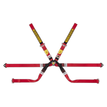 Grand Prix Racewear racing harness in red and yellow with safety straps and buckles for motorsport safety.