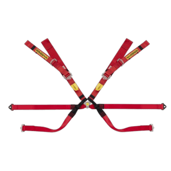 Grand Prix Racewear racing harness in red with yellow and black branding, designed for motorsport safety and performance.