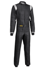Black Grand Prix Racewear racing suit with white accents, designed for motorsport safety and performance.