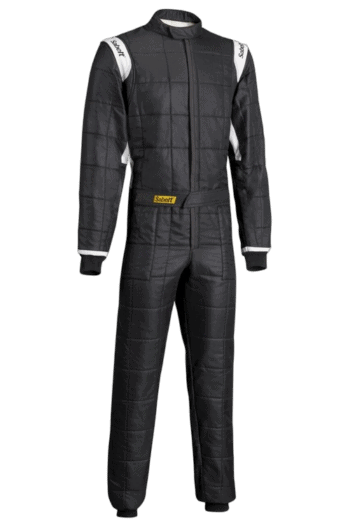 Black Grand Prix Racewear racing suit with white accents, designed for motorsport safety and performance.