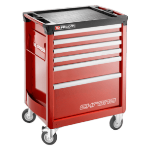 Facom CHRONO+ roller cabinet with 6 drawers and 3 modules per drawer, red and black design, on wheels for mobility.