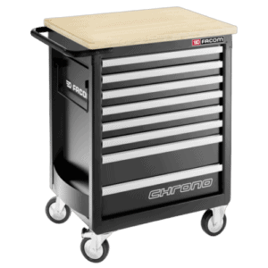 Facom CHRONO roller cabinet with 8 drawers, 3 modules per drawer, heavy-duty design, on caster wheels for mobility.