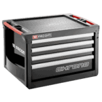 Facom CHRONO+ 4-drawer tool chest with three modules per drawer, black and grey with red accents, designed for professional workshop storage.