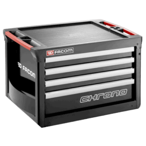Facom CHRONO+ 4-drawer tool chest with three modules per drawer, black and grey with red accents, designed for professional workshop storage.