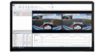 Sim racing software interface displaying dual screens with racing game footage and telemetry data for immersive virtual motorsport experience.
