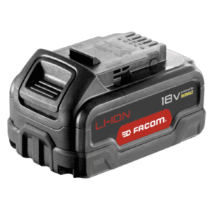Facom 18V 5.0Ah Li-Ion battery for power tools, black and red design, compact and portable.