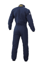 Blue Grand Prix racing suit with sponsor patches, designed for motorsport safety and performance.