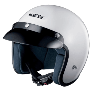 Sparco racing helmet with white shell, black visor, and blue interior padding, designed for motorsport safety and performance.