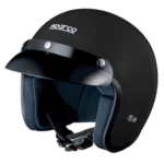 Sparco racing helmet designed for motorsport safety and performance, featuring a black shell and adjustable chin strap.