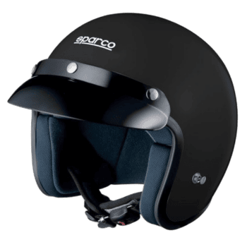 Sparco racing helmet designed for motorsport safety and performance, featuring a black shell and adjustable chin strap.