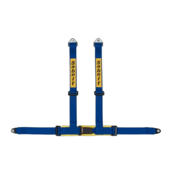 Blue Sabelt racing harness with yellow logo, used for motorsport safety and security.