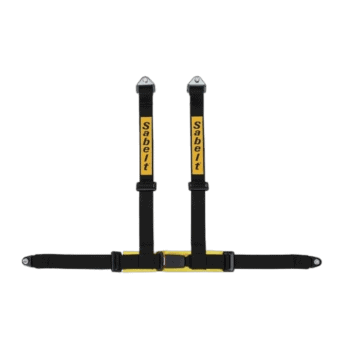 Sabelt racing harness with black straps and yellow branding for Grand Prix Racewear safety equipment.