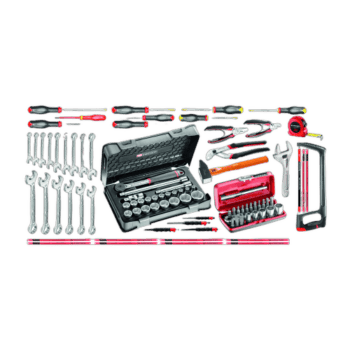 Facom 96-piece industrial maintenance tool set with screwdrivers, wrenches, sockets, and measuring tools for professional repairs.