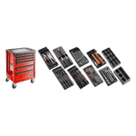 Set of various hand tools and a red tool chest on wheels, ideal for general maintenance and repair tasks.