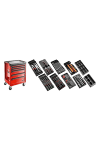 Set of various hand tools and a red tool chest on wheels, ideal for general maintenance and repair tasks.