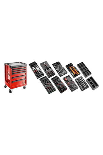 Set of various hand tools and a red tool chest on wheels, ideal for general maintenance and repair tasks.