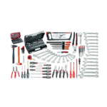 Comprehensive set of Facom hand tools including wrenches, screwdrivers, pliers, and a toolkit for professional mechanical work.