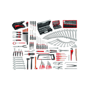 Comprehensive set of industrial maintenance tools including screwdrivers, wrenches, pliers, and a toolbox, ideal for professional repair and maintenance tasks.