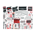 Comprehensive set of industrial maintenance tools including wrenches, screwdrivers, pliers, and sockets for professional repairs.
