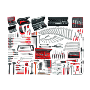 Comprehensive set of industrial maintenance tools including wrenches, screwdrivers, pliers, and sockets for professional repairs.