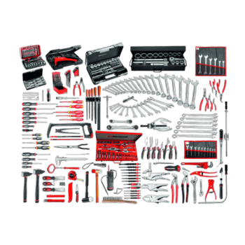 Comprehensive set of industrial maintenance tools including wrenches, screwdrivers, pliers, and sockets for professional repairs.