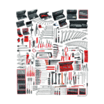 Comprehensive set of industrial maintenance tools including wrenches, screwdrivers, pliers, and sockets in a red and black toolbox for professional repairs.